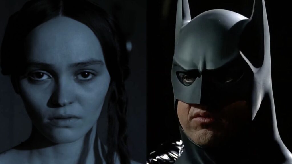 Lily Rose Depp looking dead eyed and terrified in Nosferatu, Close up of Michael Keaton suited up as Bats in Batman Returns.