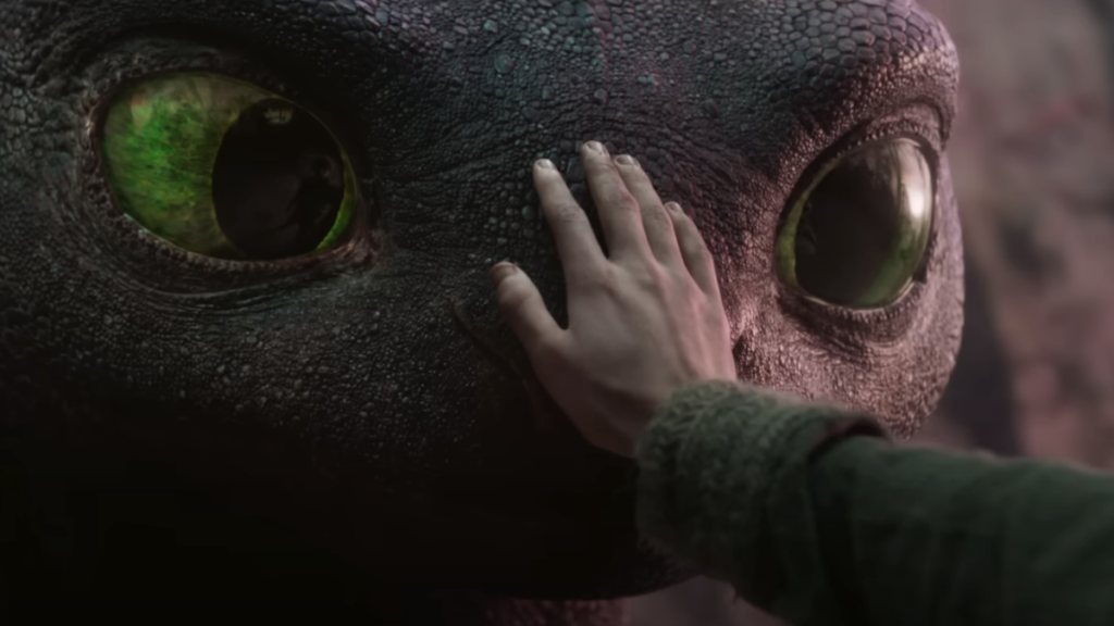 Hiccup's hand on Toothless in live-action How To Train Your Dragon movie