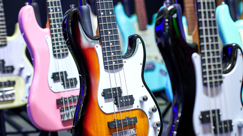 Rangée de basses Fender exposées